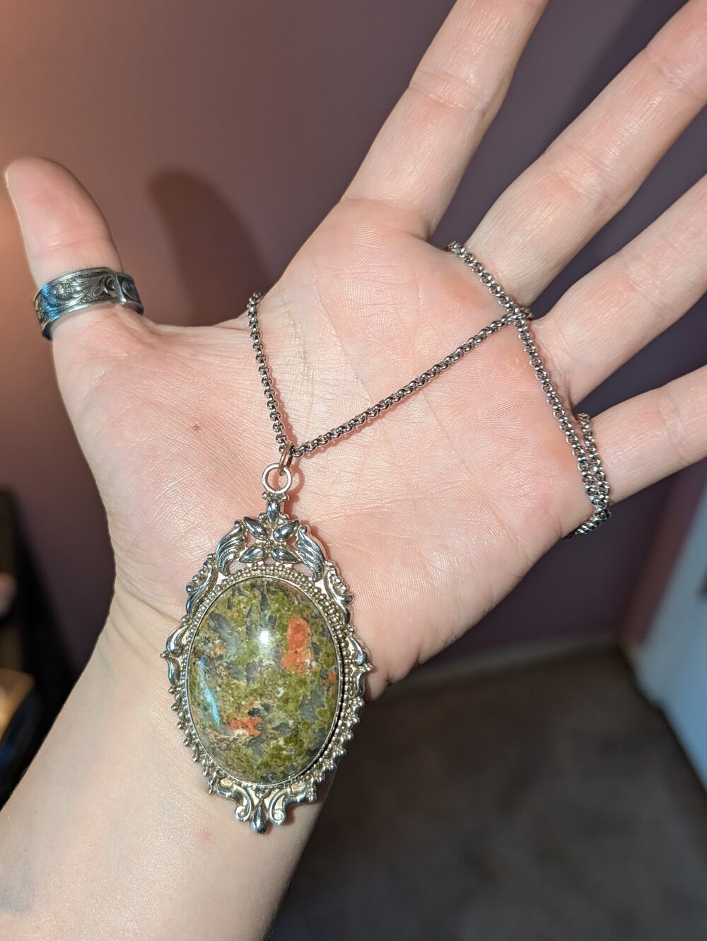 Unakite Decorated Sterling Silver Necklace